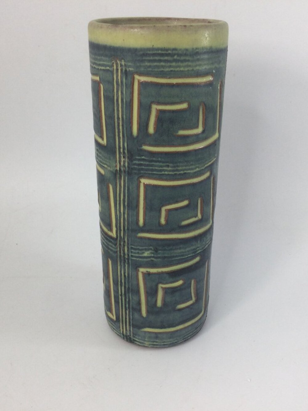 MCM Ceramic Vase Hal Lasky Puerto Rico Pottery Geometric Design Green 7"